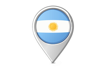 Obraz premium Argentina flag location pin icon, glossy map marker with national colors and sun emblem, vector illustration isolated on transparent background