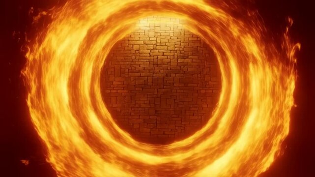 Tunnel made of fire with glowing orange circular flames and brick interior wall featuring heat, intense, burning with fiery and hot elements for