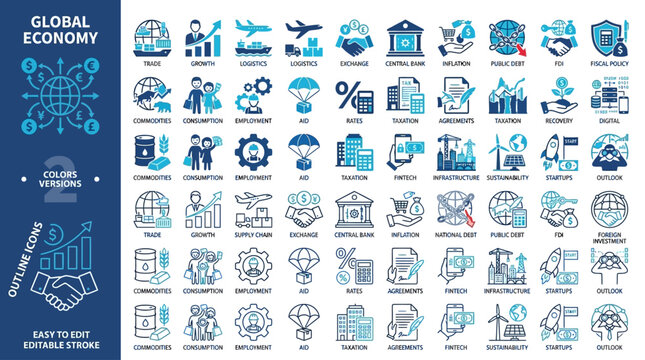 Global Economy Icons: A comprehensive set of outline icons representing various facets of the global economy, including finance, trade, industry, and growth.