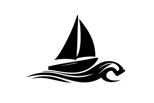 Black silhouette of a sailboat riding stylized ocean waves, nautical travel and sailing symbol, vector illustration isolated on transparent background