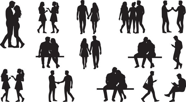 People Silhouette Vector Set Featuring Romantic Couples Holding Hands Friends Talking Handshaking and Sitting on Bench for Casual Human Behavior Graphic Elements