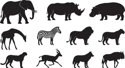 Fototapeta premium Wild Safari Animals Silhouette Vector Set Featuring Isolated African Wildlife Elephant Rhino Lion Cheetah Zebra and Hippo for Nature Landscape Graphic Design Elements