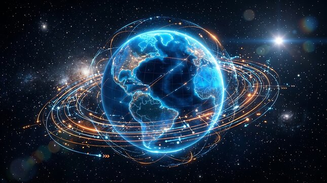 Digital Earth with glowing energy rings in deep space futuristic sci-fi background