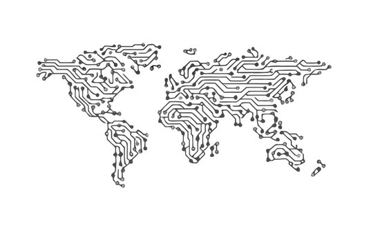 Digital world map made of circuit board lines and nodes, global technology network vector illustration isolated on transparent background