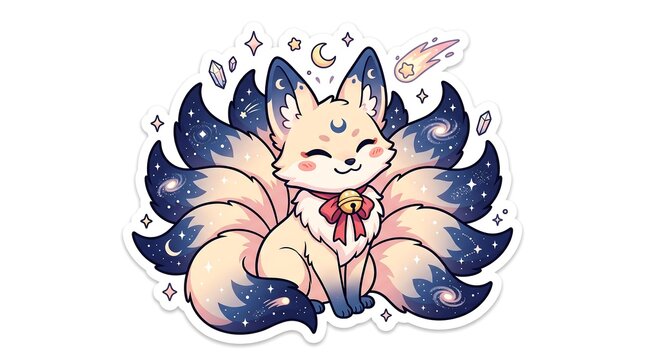 Kawaii Magical Nine-Tailed Fox Kitsune Sticker Art, Celestial Galaxy Pattern on Tails, Cute Mythical Creature with Moon and Stars, Japanese Folklore Illustration, Isolated White