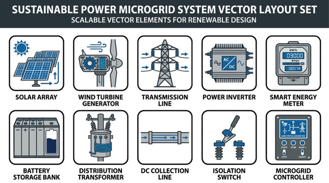 Sustainable Power Microgrid System Elements: A collection of vector illustrations showcasing components of a sustainable power microgrid system, including solar arrays, wind turbines, power inverters.