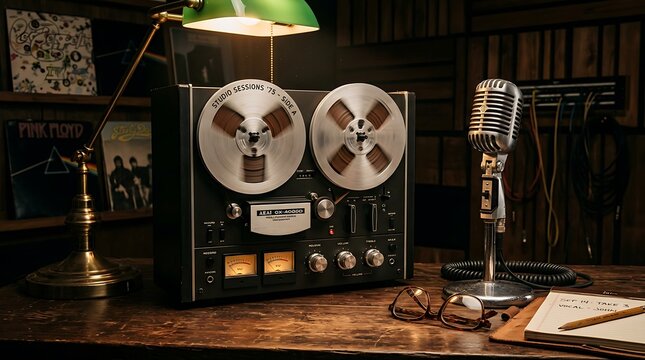 Vintage microphone and reel-to-reel tape recorder on wooden desk in dimly lit retro studio
