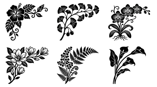 Floral Decorative Elements: A collection of six intricate floral designs in black and white, featuring hibiscus, ginkgo, orchid, magnolia, fern, and calla lily.