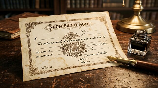 Vintage Check with Ornate Border Design on Wooden Desk with Antique Lamp