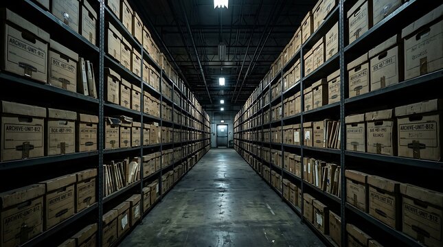 Empty warehouse aisle with tall metal shelves stacked with cardboard boxes in dim industrial lighting
