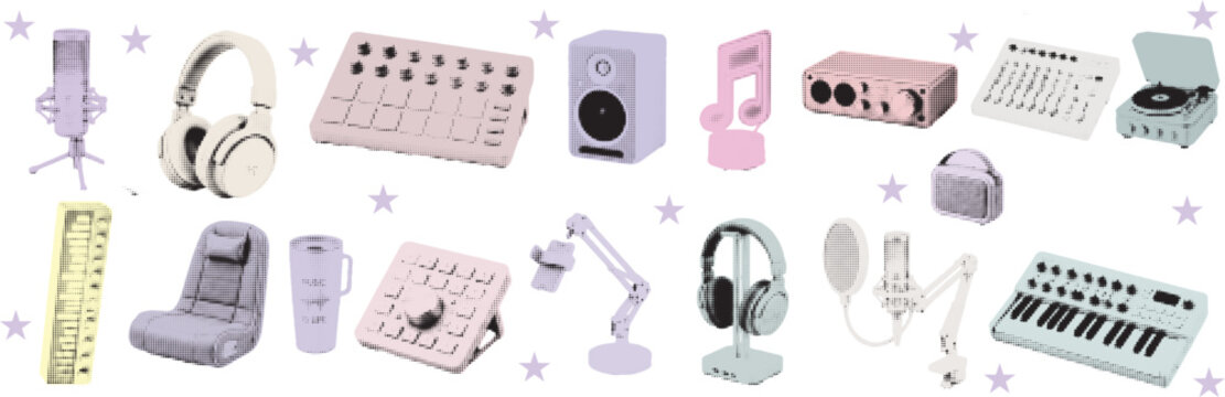 Halftone pop art dot halftone collage elements set cut out music studio equipment collection isolated transparent background vector illustration