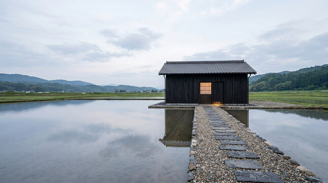 Minimalist Japanese house made of charred cedar wood shou sugi ban with stone path reflecting in water