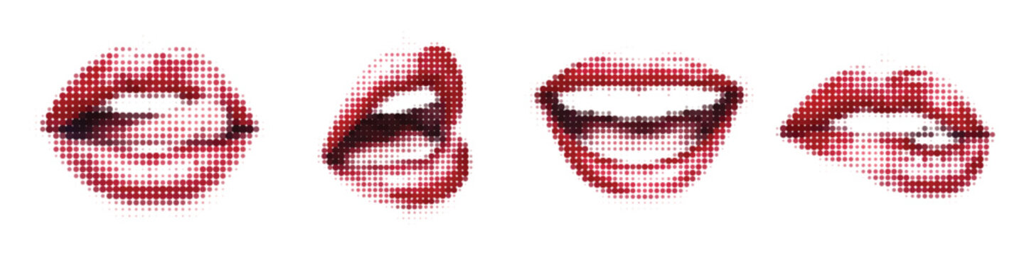 Halftone Red Lips Set Kiss Mouth Beauty Retro Dot Pattern Cosmetic Sexy Vector Collection Pack