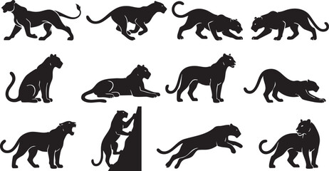Obraz premium Black Panther Silhouette Collection Vector Set, Wild Cat Animal Poses Clipart, Big Cat Logo Bundle, Feline Shadow Illustration Isolated on White Background
