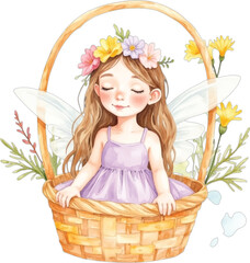 Cute watercolor illustration of a little fairy girl sitting inside a wicker basket with floral wreath and wings