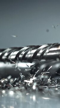 Row of drill bits on reflective plane, methodical repetition, micro Filmed on a high-speed camera at 1000 fps.