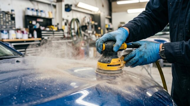 Car Mechanic Sanding Vehicle Hood with Electric Sander Creating Dust in Auto Body Repair Shop Concept