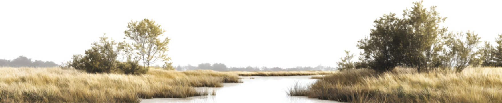 a realistic depiction of an isolated marshland with tall grass and trees, on a transparent background