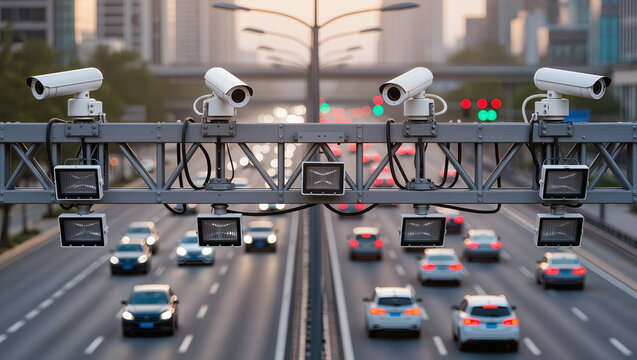 Modern traffic cameras supervising busy roadway traffic for transportation security, monitoring, and public safety enforcement.