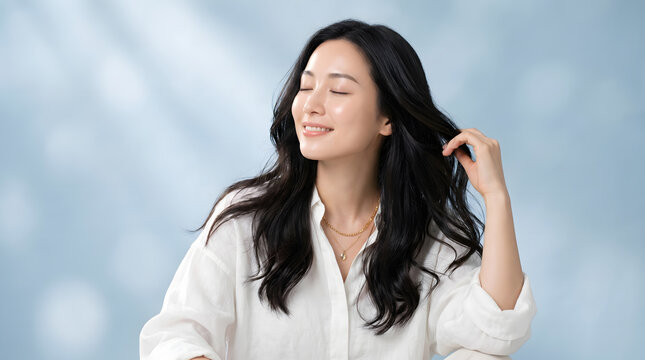 Serene woman touching long wavy hair with closed eyes against soft blue bokeh background
