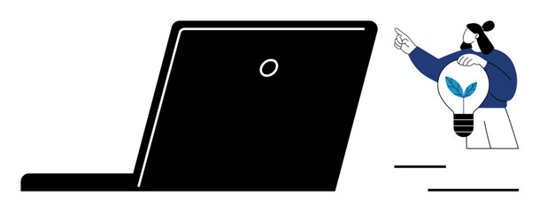Innovation, creativity, remote work, problem solving, digital technology, brainstorming. A large laptop and a woman holding a glowing lightbulb with a plant branch. Innovation and creativity concept © robu_s