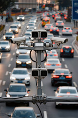 Obraz premium Traffic surveillance cameras monitoring busy roadway for transportation safety, vehicle control, and automated enforcement systems.