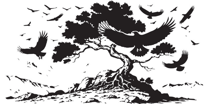 Traditional oriental landscape with pine tree mountains and flying eagles flock vector illustration
