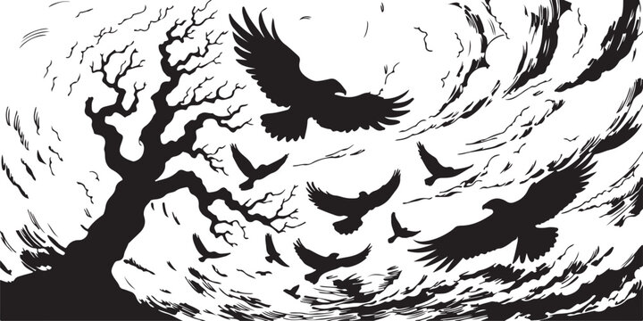 Spooky halloween landscape with bare dead tree and flying crows silhouette vector illustration
