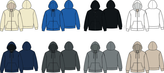 Blank Hoodie Sweatshirt Vector Template Set with Front and Back Views in Multiple Colors for Fashion Branding and Streetwear Apparel Mockup Designs © DabashChandra