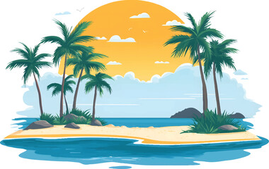 Obraz premium a simple vector cartoon of the island's beach with palm trees and blue sky, on a transparent background