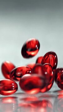 Red softgel capsules on reflective surface, gentle diffuse light Filmed on a high-speed camera at 1000 fps.