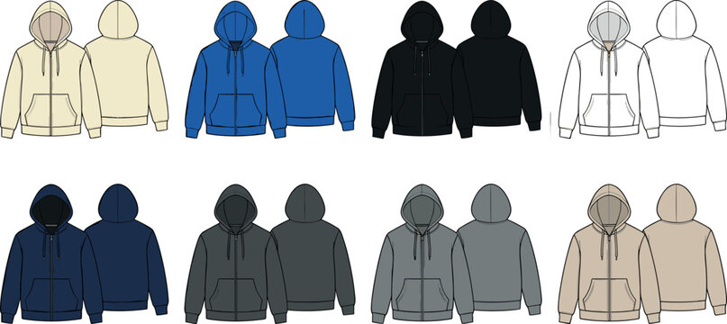 Blank Hoodie Sweatshirt Vector Template Set with Front and Back Views in Multiple Colors for Fashion Branding and Streetwear Apparel Mockup Designs