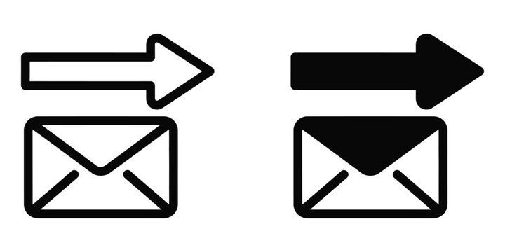 Black email icon set with forward arrow symbol for digital messaging