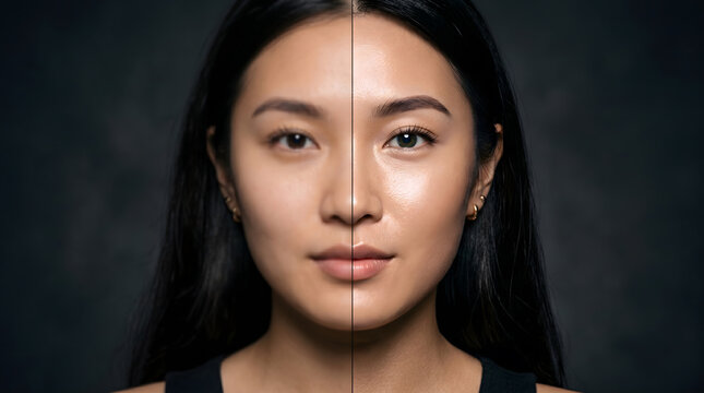 Side by side beauty comparison of asian woman face before and after makeup transformation