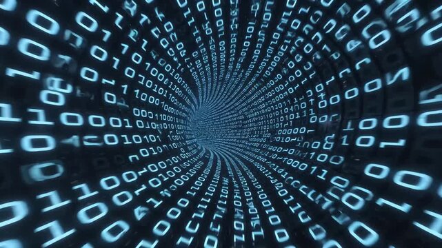 Binary digits forming a swirling tunnel in a futuristic digital style on dark background, concept of data flow and cyberspace