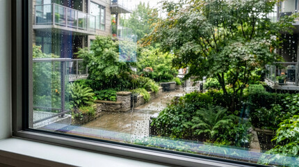 Fototapeta premium Rainy day view through wet window overlooking lush urban courtyard
