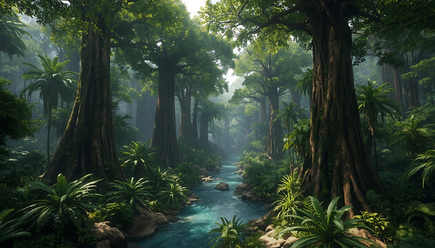 Ancient trees tower over a flowing river in a deep green jungle environment under morning light.