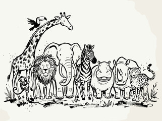 Naklejka premium Ten jungle safari animals stand together, minimalist black and white brush line art illustration