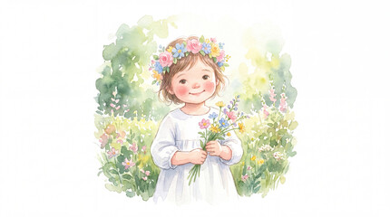 Fototapeta premium Watercolor girl flower crown bouquet garden portrait smiling happy childhood innocence nature spring floral delicate beauty