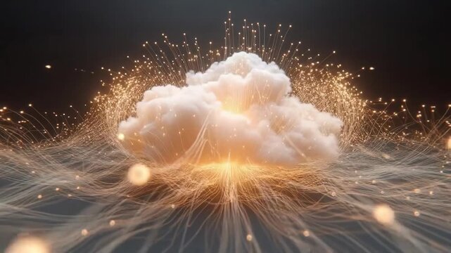 White cloud surrounded by glowing data lines in digital style on dark background, concept of cloud technology