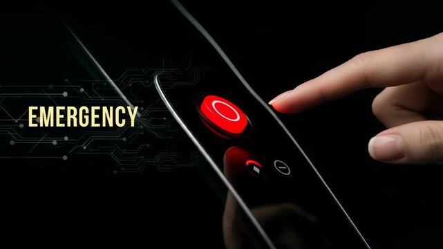 Woman pressing an emergency red button on a digital interface. Threat scenario alert indicating danger. Crime distress signal for immediate security and protection.