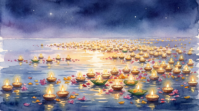 Watercolor candlelight festival illustration many floating candlelight on water with flower petals under starry night sky creating peaceful and magical atmosphere