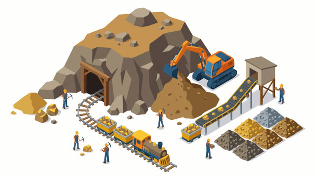 Mining operation with excavator train and conveyor belt.