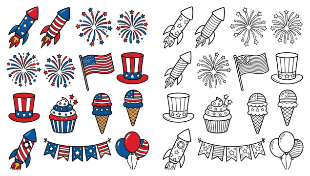 Fourth of july patriotic doodles collection rockets flags and festive treats