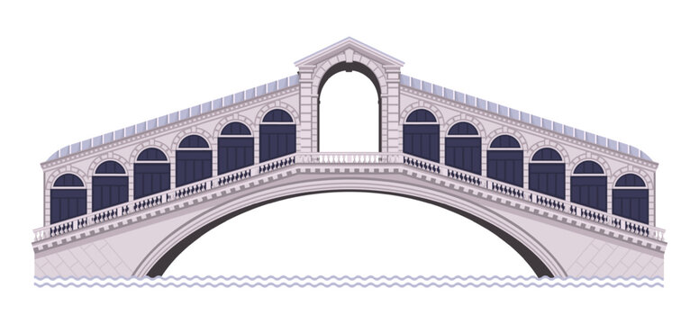 Rialto Bridge of Grand Canal in Venice, Italy. Famous landmark in Venezia old town. Vector illustration isolated on white background
