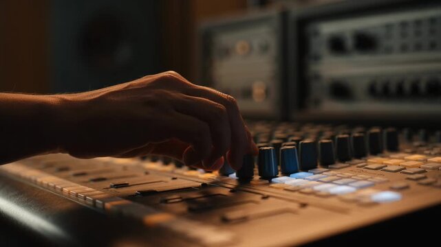 Hand adjusts audio mixing console in dim studio, representing precision, creativity, sound engineering, production, music, concentration, technical skill and focus