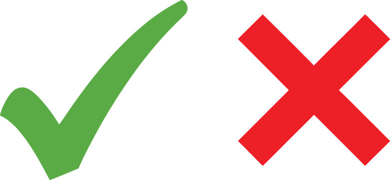Green check mark and red cross mark icons for validation and error signs Vector