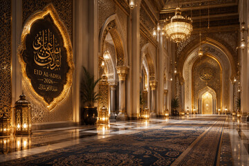 Obraz premium Luxury Eid al-Adha 2026 Mosque Interior with Golden Chandeliers