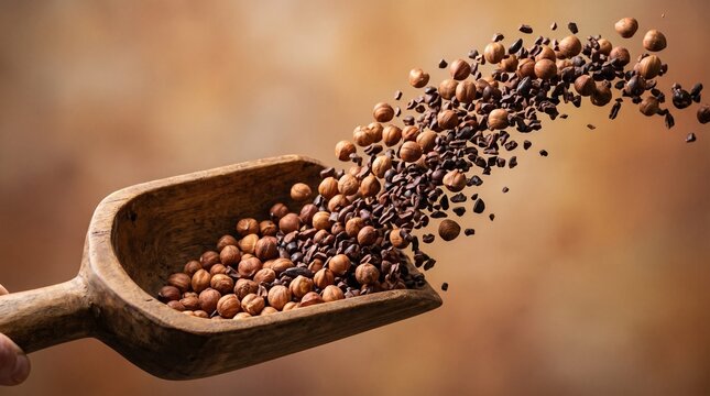 Wooden scoop pouring toasted hazelnuts and cocoa nibs onto brown background.