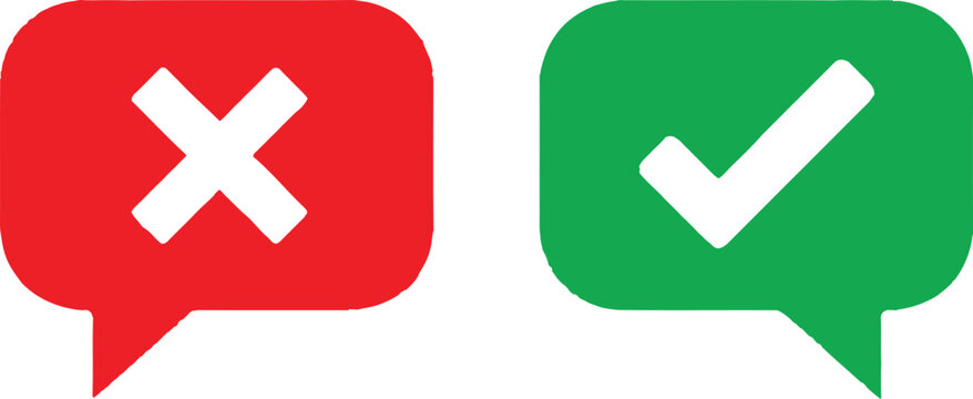 Red cross and green check mark icons in speech bubbles for correct and incorrect choices Vector